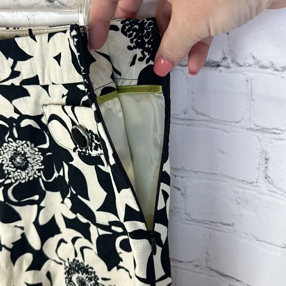 Merona Black Ivory Floral A-Line Lined Knee-Length Skirt Size 12